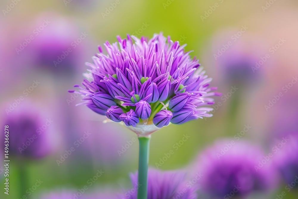 Allium flower in full bloom with delicate purple petals and green stem Allium flower in full bloom with delicate purple petals and green stem
