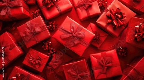 Generative AI illustration of full frame of red gifts with ribbons and bows on red background