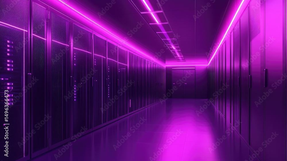 Sleek, purple-lit server room corridor. High-tech infrastructure Sleek, purple-lit server room corridor. High-tech infrastructure