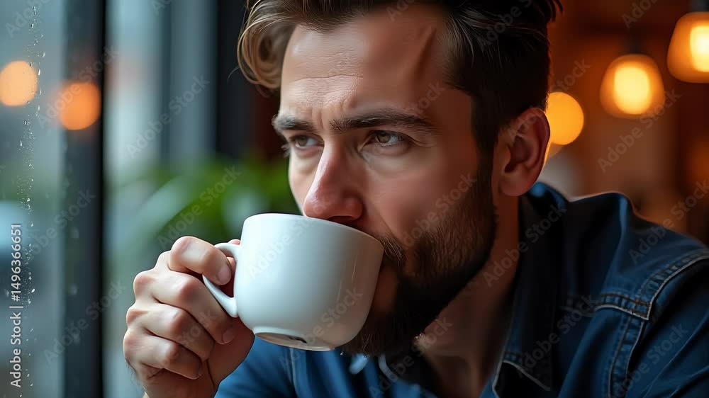 Man drinking coffee at window Man drinking coffee at window