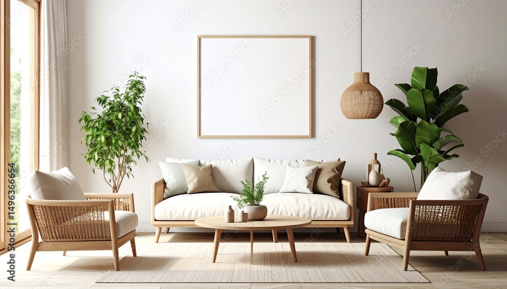 Obraz premium A stylish, minimalistic living room featuring natural materials, greenery, and a cozy atmosphere, perfect for relaxation and modern living