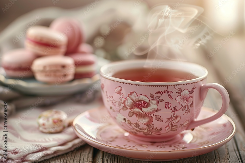 Delicate tea cup with macaroons and floral design on a wooden table Delicate tea cup with macaroons and floral design on a wooden table