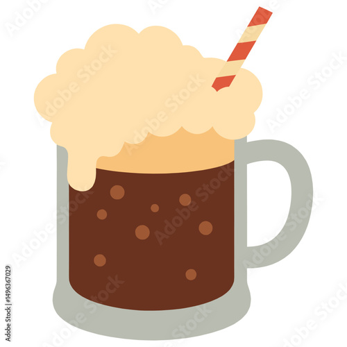 Root beer float in a glass mug with overflow foam and a red striped straw isolated on white background.
