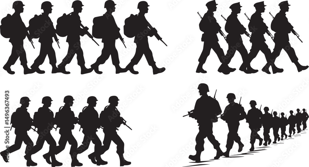Obraz premium Silhouette of Soldiers Marching in Formation with Rifles Vector silhouette