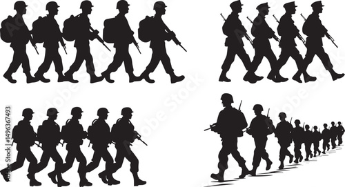 Silhouette of Soldiers Marching in Formation with Rifles Vector silhouette