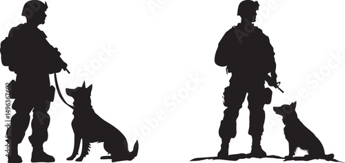 Silhouette of Soldier with Military Dog in Tactical Stance Vector silhouette