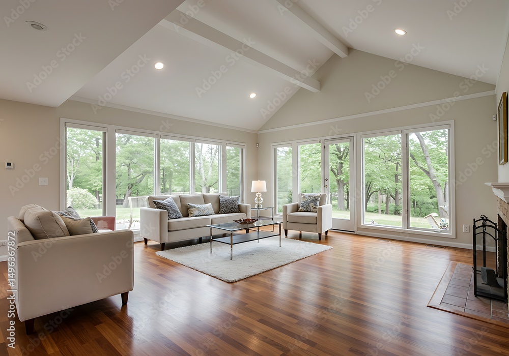 Fototapeta premium Modern Living Room with Vaulted Ceiling and Hardwood Floors