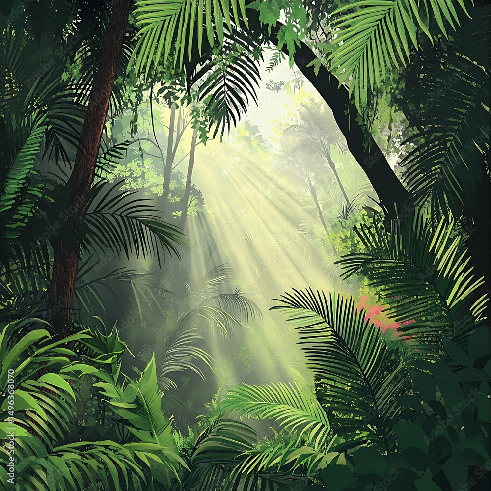 Naklejka premium Sunlight streams through a lush tropical jungle.