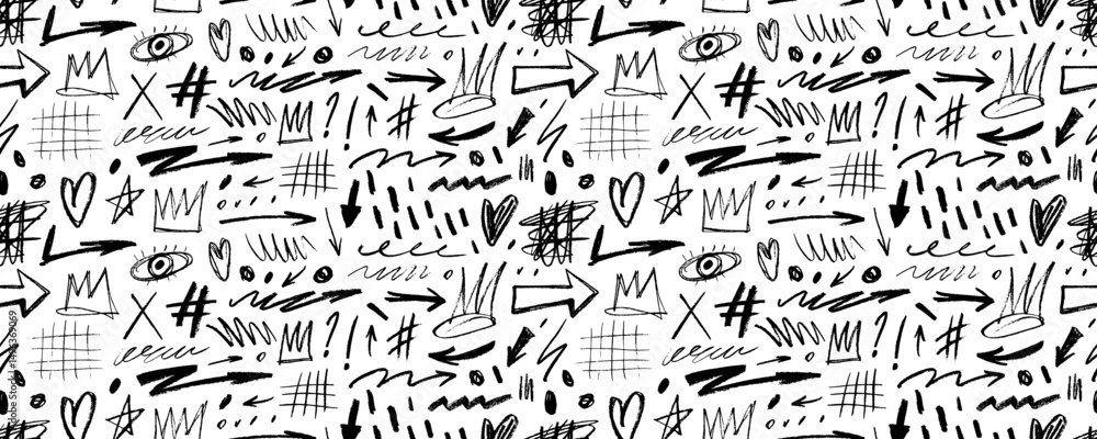 Fototapeta premium Seamless pattern with crayon drawn doodle shapes, grids, arrows and crowns. Punk style seamless banner design.