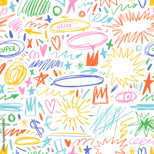 Colorful childish crayon drawn doodle seamless pattern. Funky shapes and inky drawings. Punk vector seamless pattern in childish girly style with scribbles, squiggles, speech bubbles and cute shapes.