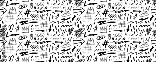 Seamless pattern with crayon drawn doodle shapes, grids, arrows and crowns. Punk style seamless banner design.