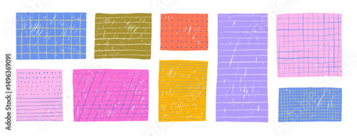 Cute colorful paper stickers for notes with hand drawn grids, lines and dots. Digital bullet journal templates.