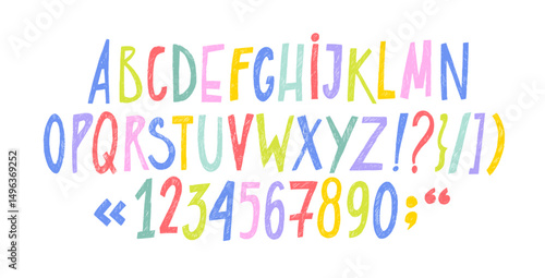 Colorful crayon drawn kids font with numbers. Vector doodle funky playful English alphabet with pencil or chalk texture. Hand drawn scribble chalk font. Kindergarten and school type design.