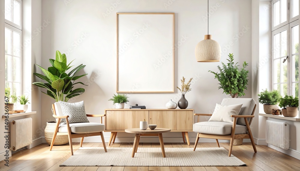 Fototapeta premium A serene, modern living room featuring wooden furniture, plants, and a blank wall ready for artwork, creating a cozy and inviting atmosphere