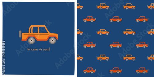 Car jeep suv cartoon seamless pattern. Hand drawn cute automobile car kid endless boundless background design. Simple children funny auto transport comic repeat print wallpaper vector illustration