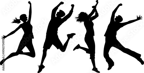 Jumping Silhouettes of Happy Teens and Adults, Energetic People in Motion Vector