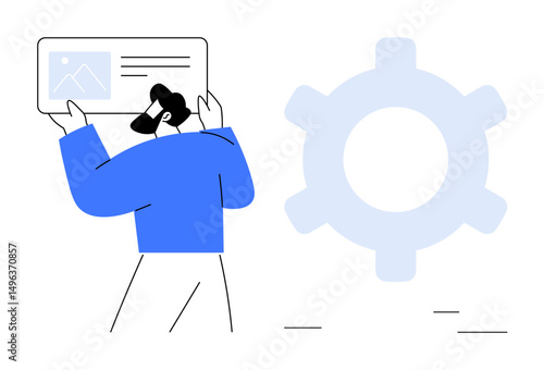 Individual holding digital card with image preview beside a pale oversized gear. Ideal for technology, innovation, workflow, development, teamwork, user interface, automation. Flat simple metaphor