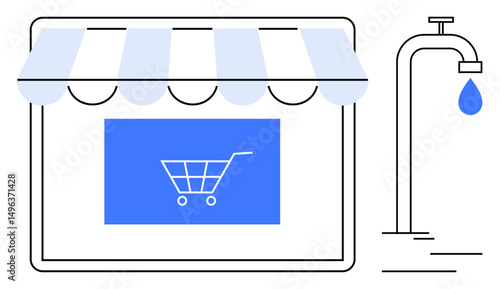 Online storefront with shopping cart beneath an awning and nearby faucet releasing a water droplet. Ideal for sustainability, e-commerce, balance, consumption, environmental impact, economy, saving