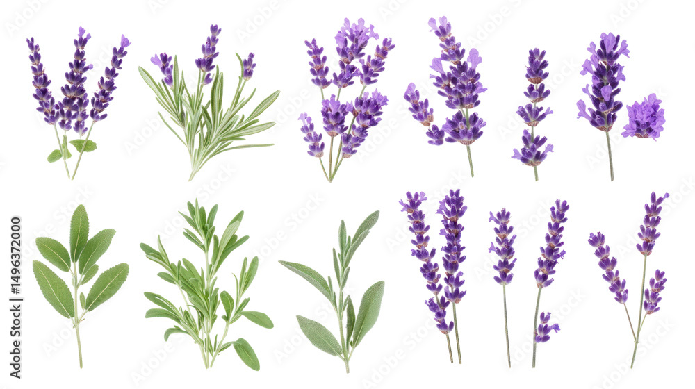 Naklejka premium Various lavender flowers and leaves on a white isolated background.