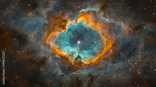 A vibrant nebula with a teal center encircled by fiery orange and gold, speckled with distant stars against a dark backdrop