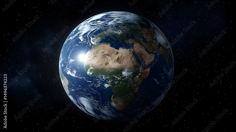 Obraz premium A detailed, realistic depiction of Earth from space, sunlit from the left, showcasing Africa and Europe prominently against a backdrop of stars
