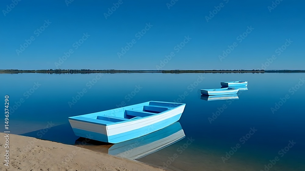 Naklejka premium Tranquil Lake Serenity: Three Boats at Rest