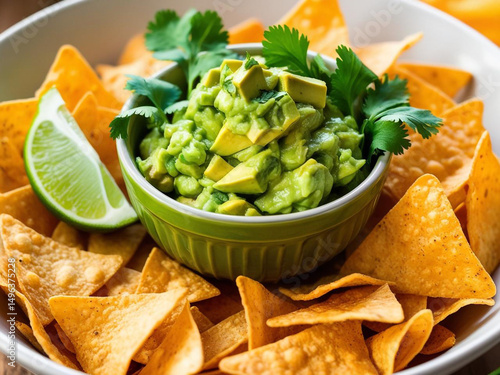 Green alpukat camilan dengan keripik tortila untuk mencelupkan saus pedas