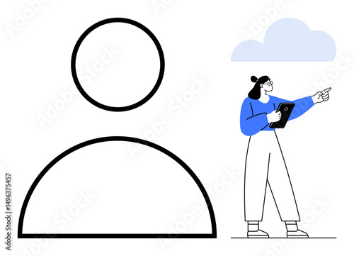 Minimalist user profile icon with a woman holding a tablet and pointing at a direction. Ideal for personal profile, account setup, user interface, guidance, teamwork, navigation, simple landing page