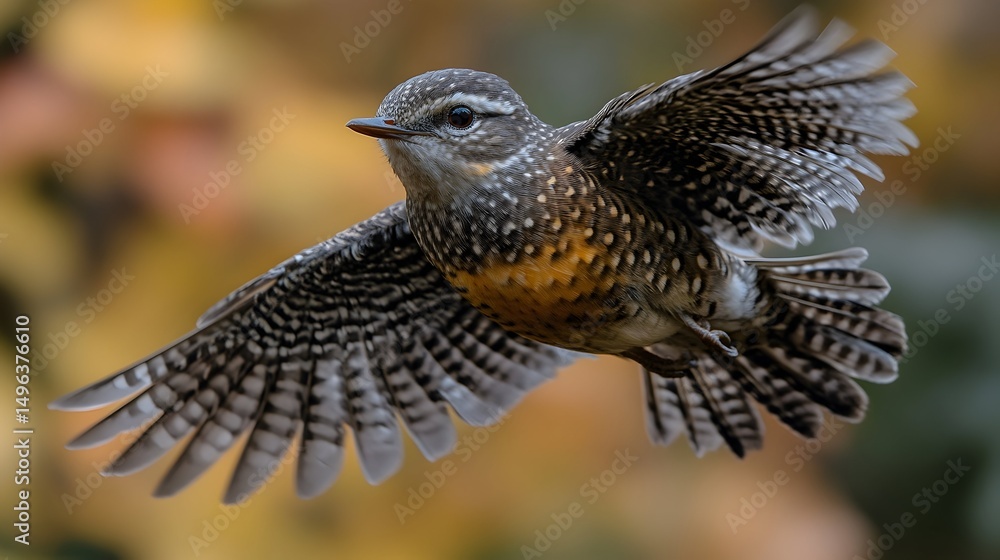 Fototapeta premium A small, mottled bird with rufous breast, grey head, and intricately patterned wings is captured mid-flight against a blurred autumnal background