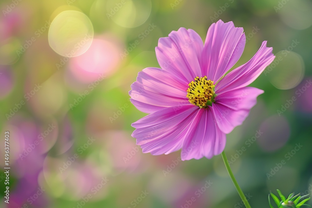 Obraz premium Vibrant pink cosmos flower with soft bokeh background in natural light