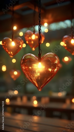 Illuminated heart-shaped glass ornaments hang from a chain, glowing warmly against a blurred background of lights and wooden furniture, creating a romantic ambiance