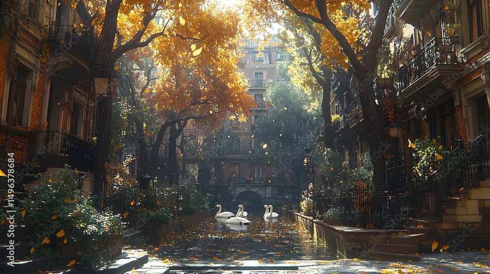 Naklejka premium Sunlit autumnal street scene with two swans swimming in a canal, flanked by golden-leafed trees and elegant buildings
