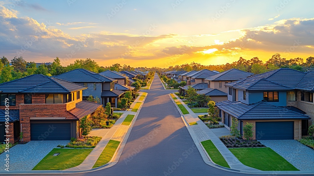 Obraz premium Aerial view of residential houses in Melbourne's suburb. Elevated view of Australian homes against blue sky. Copy space for text. Point Cook, VIC Australia. 