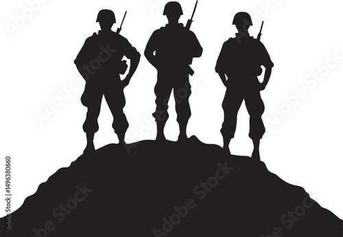 Silhouette of Three Armed Soldiers Standing on Hill Vector silhouette