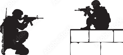 Silhouette of Soldiers Aiming Rifles from Tactical Positions Vector silhouette