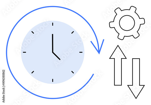 Clock encircled by an arrow, gear, and up-down arrows indicating time management, productivity, efficiency, improvement, workflow, optimization and decision-making. Ideal for business planning