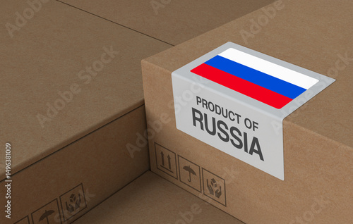 Product of Russia Label, Cardboard Boxes with Russian Flag - 3D Render