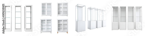 A collection of sleek modular white shelving units and storage cabinets for a clean organized and contemporary home interior design