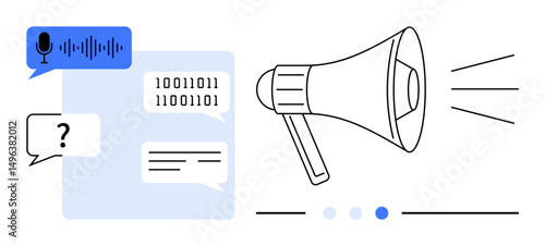 Chat bubbles, voice input icon, binary code, and megaphone symbolizing communication, AI, data sharing, and promotion. Ideal for marketing, AI technology teamwork education innovation simple