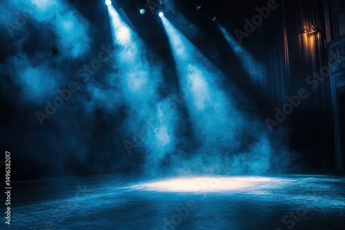 Wallpaper Mural Blue spotlights shine on a stage filled with hazy, smoky atmosphere. Use to highlight a performance or create an ethereal background. Torontodigital.ca