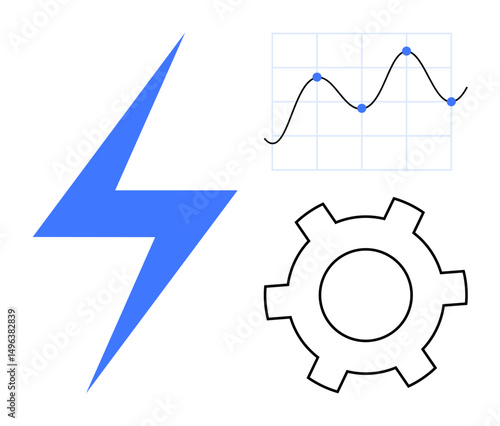 Blue lightning bolt, trend graph with plotted points, and gear symbolizing energy, analytics, and mechanisms. Ideal for technology, energy, data science, innovation engineering automation simple