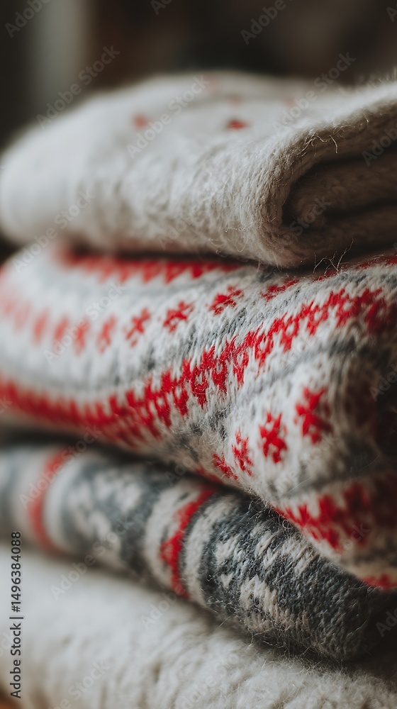 Fototapeta premium Cozy Winter Knitwear Close Up of Stacked Sweaters with Fair Isle Pattern.