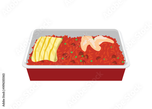 Fried rice with omelette and crackers in lunch box. Simple flat illustration.