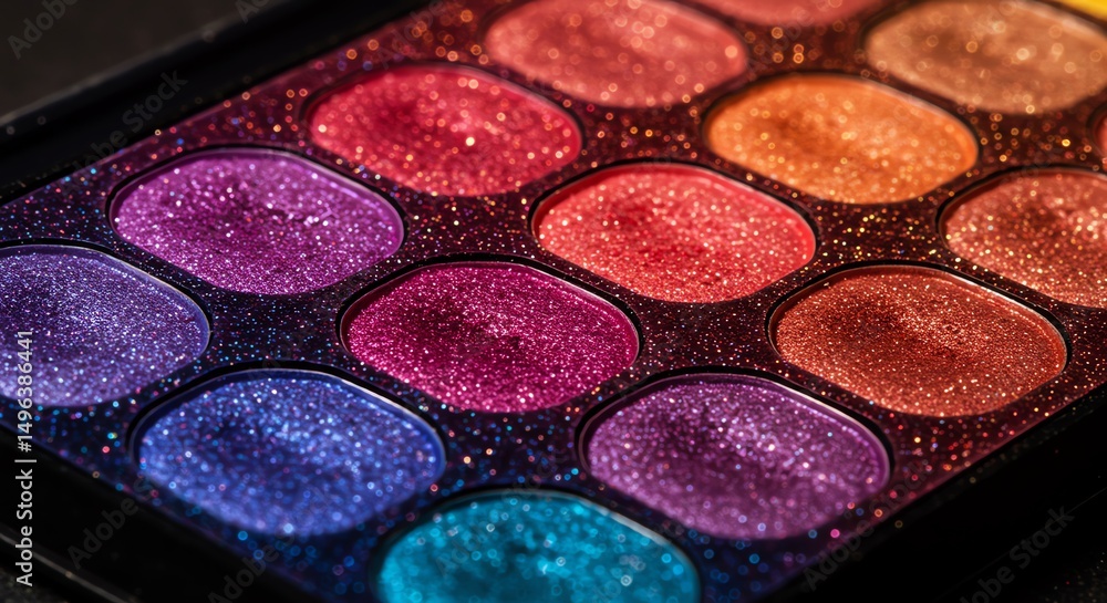 Colorful glitter eyeshadow makeup palette close view Colorful glitter eyeshadow makeup palette close view