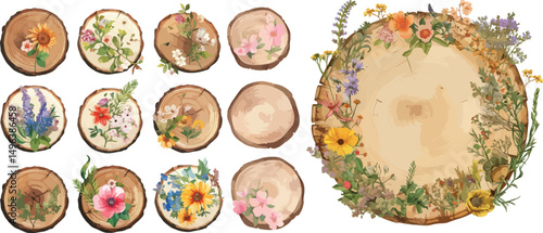 wood slice floral watercolor clipart 