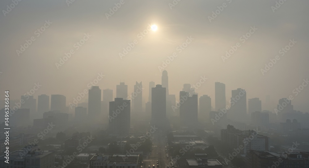 Fototapeta premium Hazy Urban Landscape with Sun Above Buildings