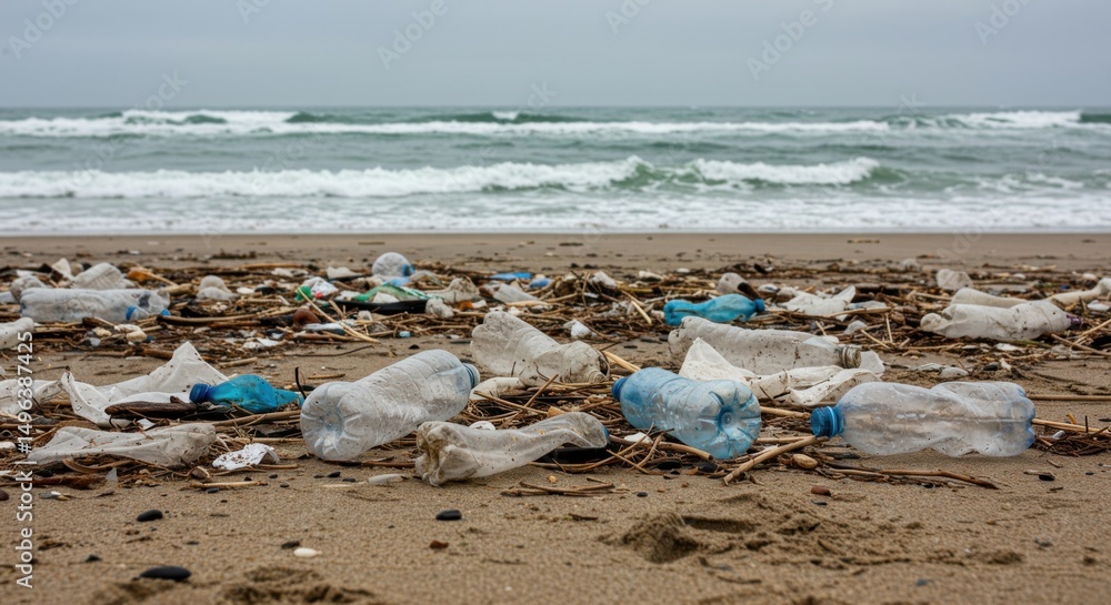 Plastic Litter on Beach Shore Under Overcast Sky Plastic Litter on Beach Shore Under Overcast Sky