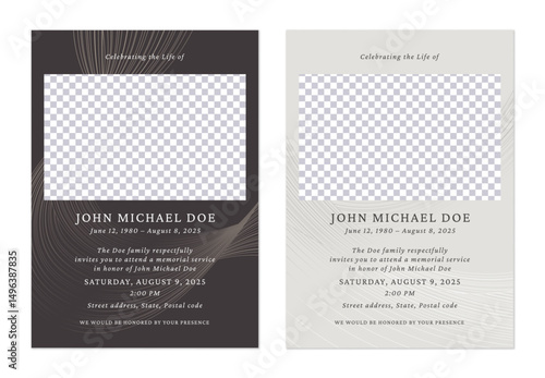 Minimalist funeral memorial service invitation templates in dark gray and off-white feature abstract lines and a rectangle placeholder for a photo. The overall tone is somber and respectful