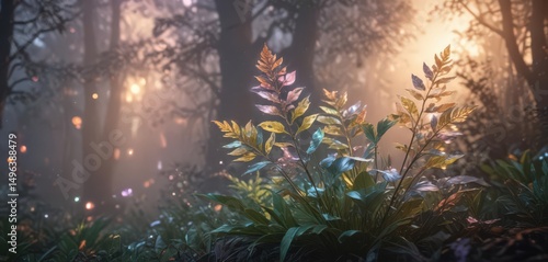 Glowing flora, holographic leaves, ethereal mist , abstract, atmosphere, mysterious