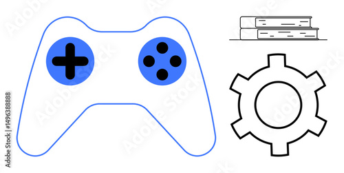 Gaming controller next to stacked books and gear represents gaming, education, creativity, and collaboration. Ideal for gaming, technology, learning, development, teamwork innovation simple landing